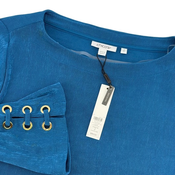 Chico's Travelers Scandi Blue Grommet Sleeve Top Long Sleeve Size 2 L NWT - Picture 1 of 7